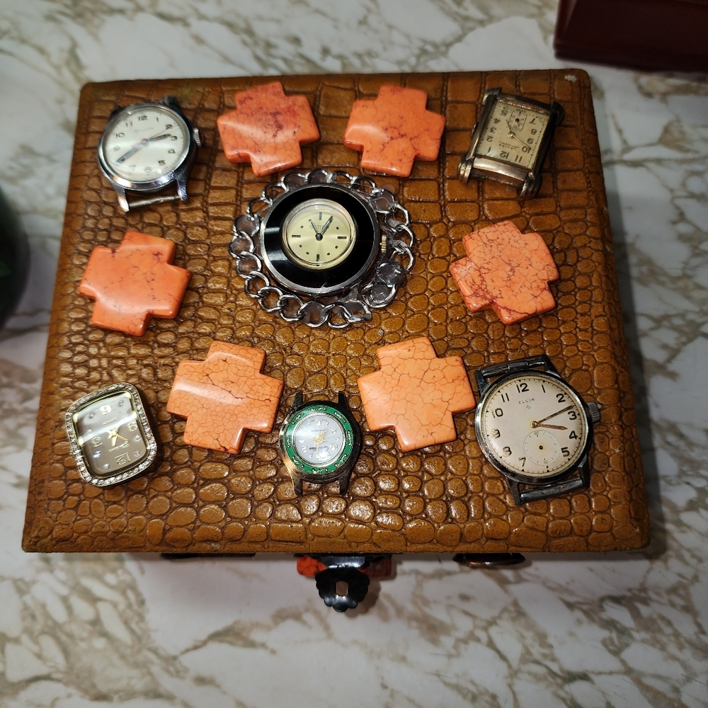 Brown Leather Watch Box with Assorted Vintage Watches On Top. Hand Decorated.